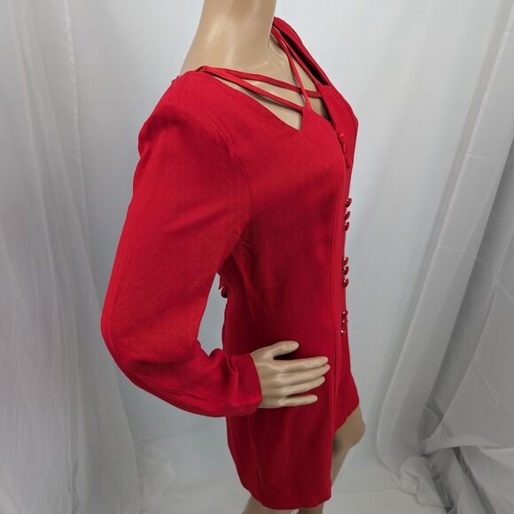 Vintage 1990s Frederick's of Hollywood Mini Dress Red Button Front Cut Out 11-12 - Picture 4 of 11